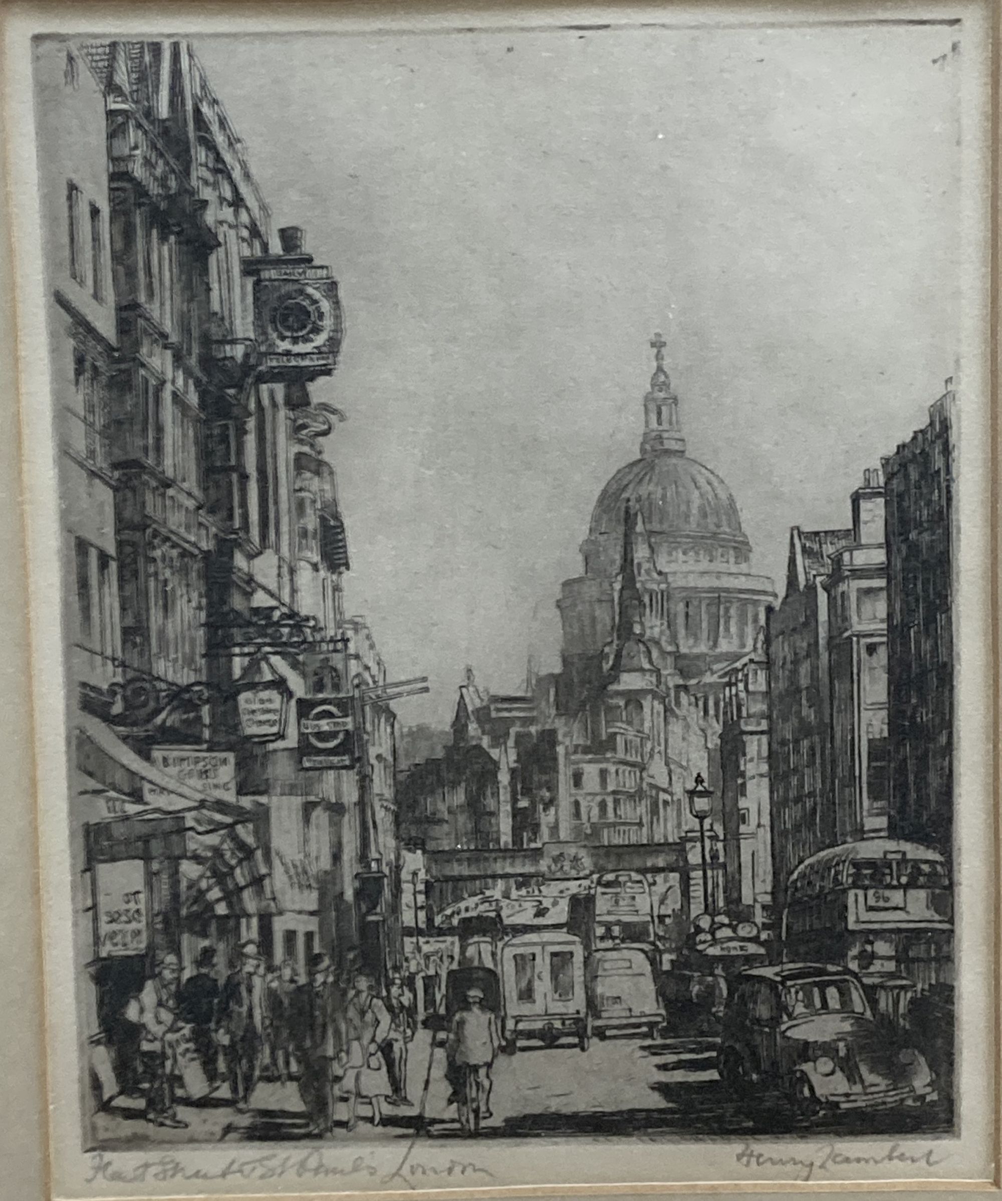 Henry Lambert, etching, Fleet Street and St Pauls, London, signed in pencil, 19 x 15cm